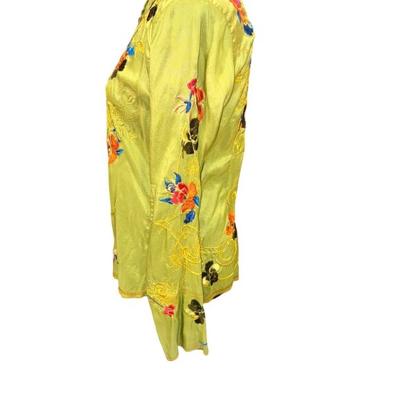 Vintage Inspired Johnny Was Green Floral Embroidered 100% Silk Button-Up Shirt S - Picture 6 of 9